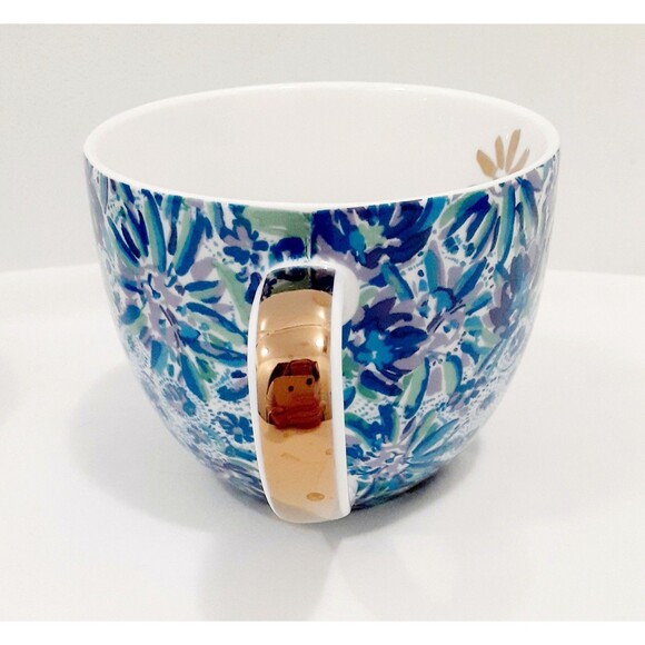 2 Lilly Pulitzer Coffee Cup Mug Teacups Porcelain Blue Floral Gold Handle 12oz - Picture 3 of 9